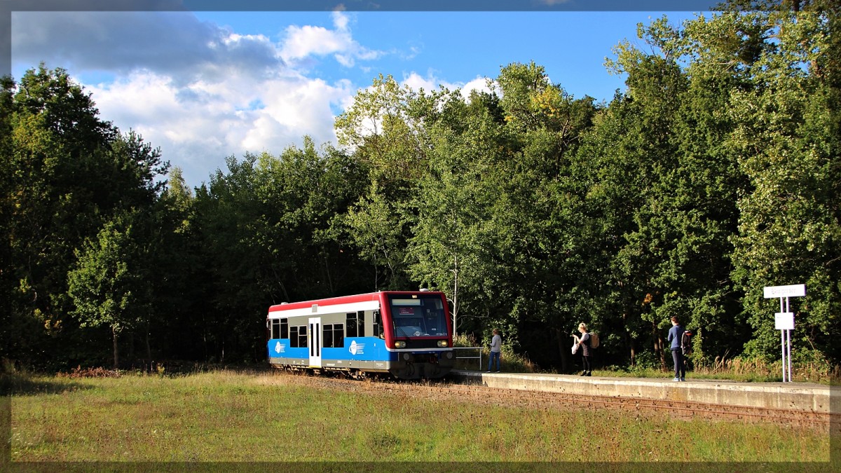 VT 504 002 der EGP/HANS beim Umleiterverkehr in Neustrelitz-Bügersee als  Kleinseebahn  auf dem Weg nach Mirow am 27.09.2015