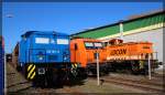 345 207 (346 001) der Press, 145 082 (145 CL 002) von EKO und 346 006 von Locon abgestellt in Stralsund (Hafen) am 17.03.2016