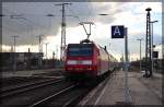 146 027 mit RE20 nach Uelzen bei der Ausfahrt aus Stendal am 26.02.2016