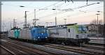 185 523 und 185 575 der RHC neben der 193 891 und 185 633 der ITL/Captrain am 25.12.2015 in Angermünde