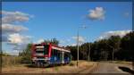 VT 504 002 der EGP/HANS beim Umleiterverkehr in Neustrelitz-Bügersee als  Kleinseebahn  auf dem Weg nach Mirow am 27.09.2015